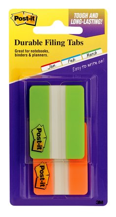 Post-it Durable Tabs 686F-1, 2 in x 1.5 in (50.8 mm x 38 mm) Beige, Green, Red, Canary Yellow 24 pk/cs