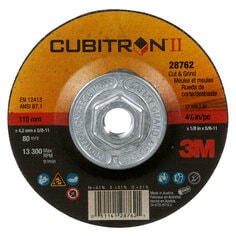 3M™ Cubitron™ II Cut and Grind Wheel, 28762, T27 Quick Change, 4 1/2 in
x 1/8 in x 5/8 in-11 in, 10/Carton, 20 ea/Case